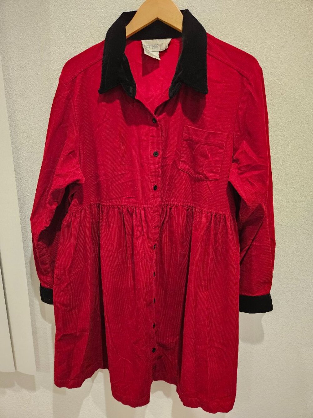 Vintage Motherhood Red Corduroy Maternity Dress – Size XL, Black Velvet Collar